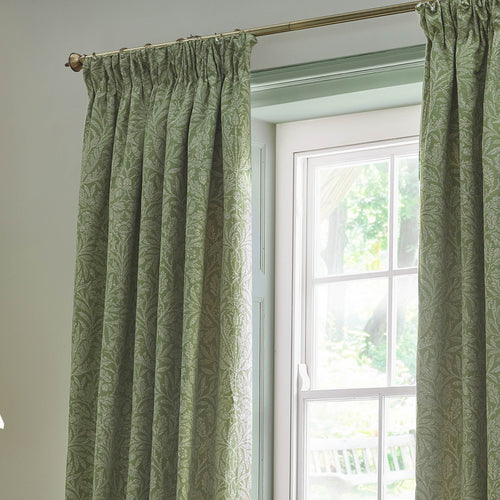 Floral Green Curtains - Acorn Tonal Matt Jacquard Room Darkening Pencil Pleat Curtains Sage Morris & Co