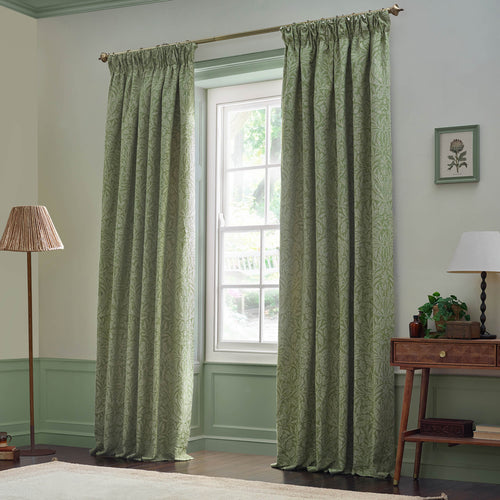 Floral Green Curtains - Acorn Tonal Matt Jacquard Room Darkening Pencil Pleat Curtains Sage Morris & Co