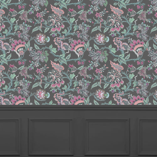 Floral Grey Wallpaper - Adhira  1.4m Wide Width Wallpaper (By The Metre) Charcoal Voyage Maison