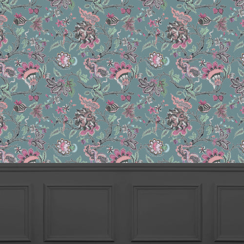 Floral Green Wallpaper - Adhira  1.4m Wide Width Wallpaper (By The Metre) Onyx Voyage Maison