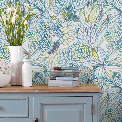 Floral Blue Wallpaper - Althorp  1.4m Wide Width Wallpaper (By The Metre) Capri Voyage Maison