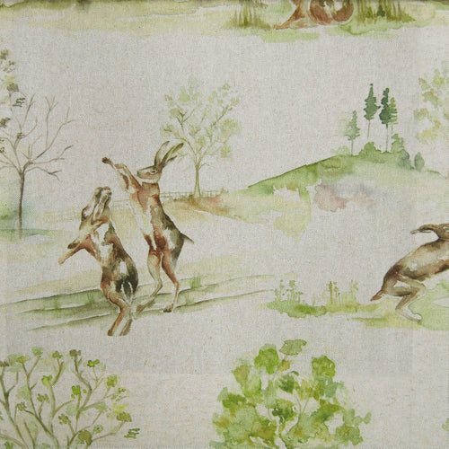 Animal Green Fabric - Boxing Hares Printed Linen Fabric (By The Metre) Natural Voyage Maison