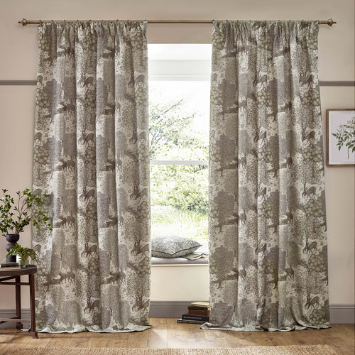 Woodland Beige Curtains - Brook Woodland Jacquard Room Darkening Pencil Pleat Curtains Linen Morris & Co