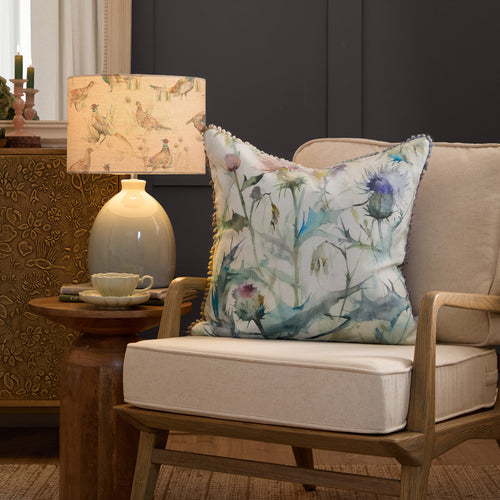 Floral Green Cushions - Cirsium Printed Feather Filled Cushions Damson/Cream Voyage Maison