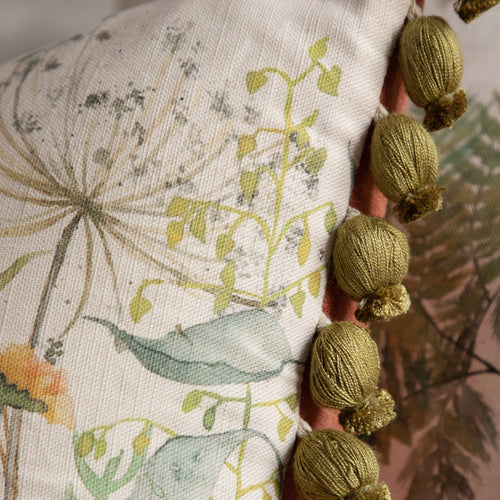 Floral Green Cushions - Delamere Printed Pom Pom Feather Filled Cushion Linen Voyage Maison