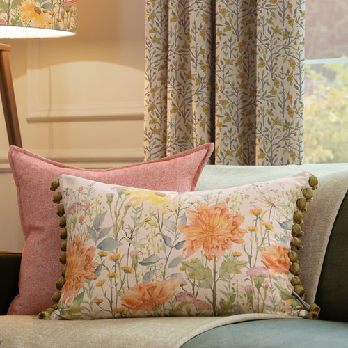 Floral Green Cushions - Delamere Printed Pom Pom Feather Filled Cushion Linen Voyage Maison