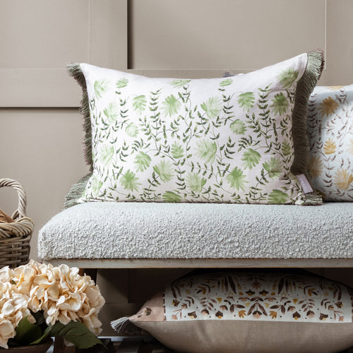 Floral Green Cushions - Elai Printed Ruche Fringe Feather Filled Cushion Sage Voyage Maison