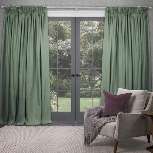 Plain Green Curtains - Emilio Woven  Pencil Pleat Curtains Clover Voyage Maison