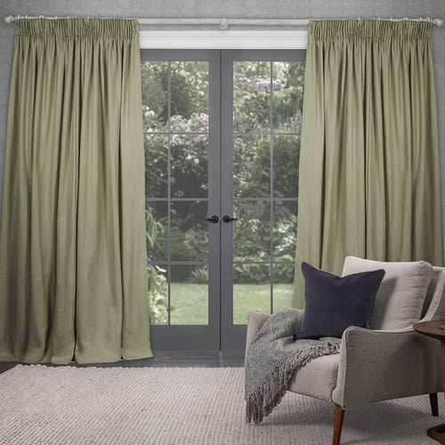 Plain Green Curtains - Emilio Woven  Pencil Pleat Curtains Olive Voyage Maison
