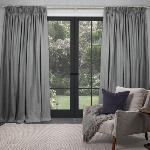 Plain Grey Curtains - Emilio Woven  Pencil Pleat Curtains Pebble Voyage Maison