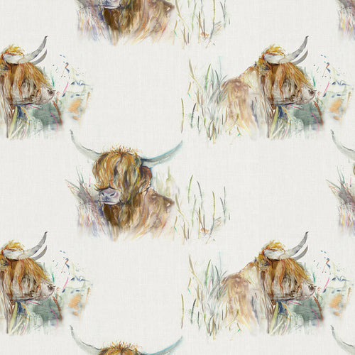 Animal Cream Fabric - Highland Coo Portrait Printed Oil Cloth Fabric Natural Voyage Maison