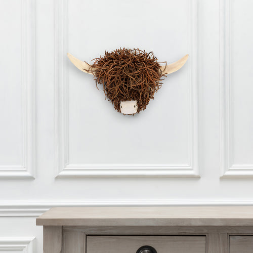 Brown Accessories - Highland Cow Wall Mounted Hand Crafted Wooden Sculpture Brown Voyage Maison