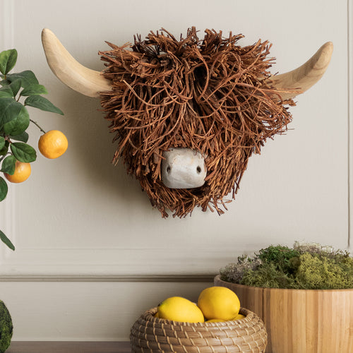 Brown Accessories - Highland Cow Wall Mounted Hand Crafted Wooden Sculpture Brown Voyage Maison