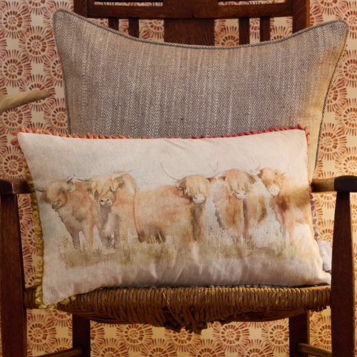 Animal Cream Cushions - Highland Cattle Printed Feather Filled Cushions Natural Voyage Maison