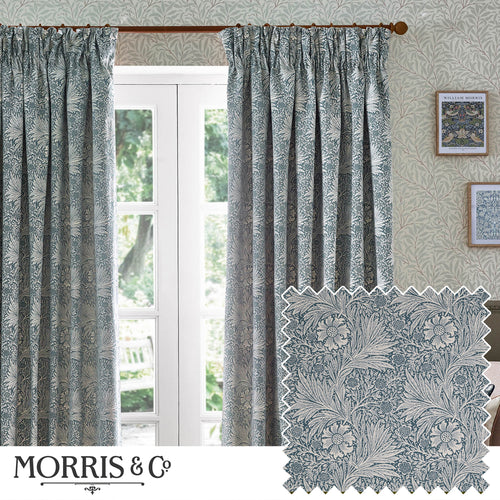 Floral Blue Curtains - Marigold Jacquard Floral Room Darkening Pencil Pleat Curtains Indigo Morris & Co