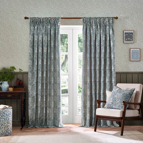 Floral Blue Curtains - Marigold Jacquard Floral Room Darkening Pencil Pleat Curtains Indigo Morris & Co