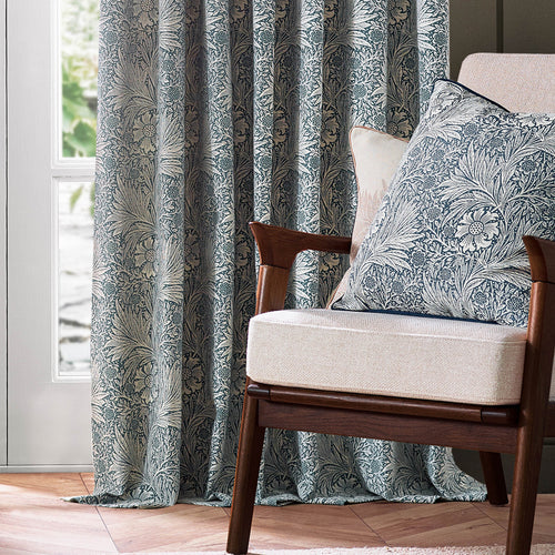 Floral Blue Curtains - Marigold Jacquard Floral Room Darkening Pencil Pleat Curtains Indigo Morris & Co