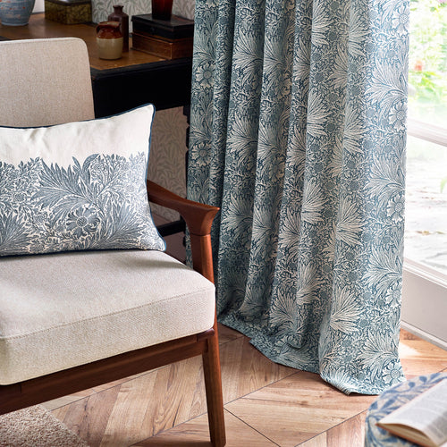 Floral Blue Curtains - Marigold Jacquard Floral Room Darkening Pencil Pleat Curtains Indigo Morris & Co