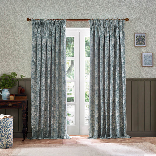 Floral Blue Curtains - Marigold Jacquard Floral Room Darkening Pencil Pleat Curtains Indigo Morris & Co