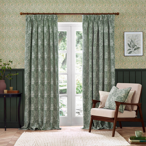 Floral Green Curtains - Marigold Jacquard Floral Room Darkening Pencil Pleat Curtains Leaf Green Morris & Co