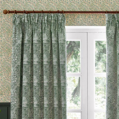 Floral Green Curtains - Marigold Jacquard Floral Room Darkening Pencil Pleat Curtains Leaf Green Morris & Co