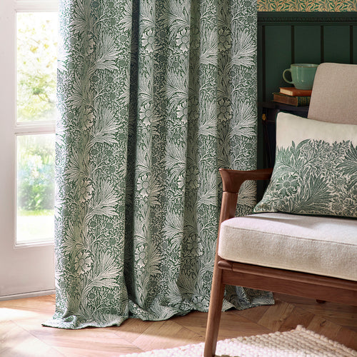Floral Green Curtains - Marigold Jacquard Floral Room Darkening Pencil Pleat Curtains Leaf Green Morris & Co