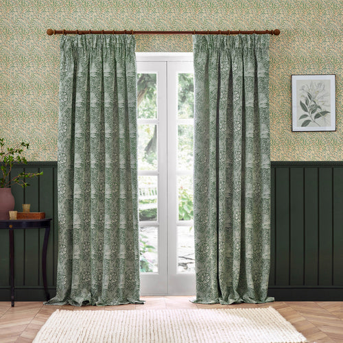 Floral Green Curtains - Marigold Jacquard Floral Room Darkening Pencil Pleat Curtains Leaf Green Morris & Co