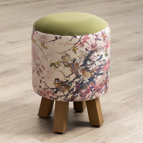 Floral Pink Furniture - Monty Round Footstool Brushwood Blossom Darren Woodhead