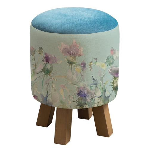 Floral Blue Furniture - Monty Round Footstool Cirsium Damson Duck Egg Voyage Maison