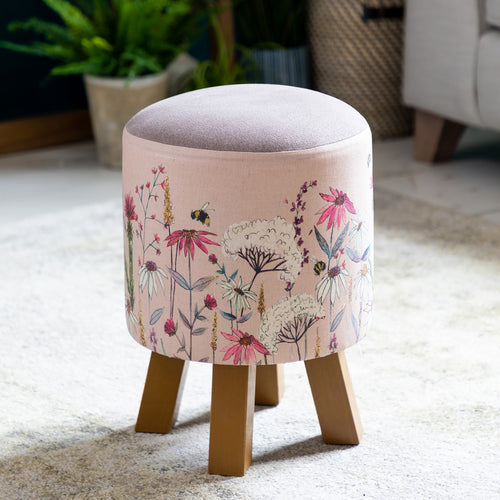 Floral Pink Furniture - Monty Round Footstool Hermione Blush Voyage Maison