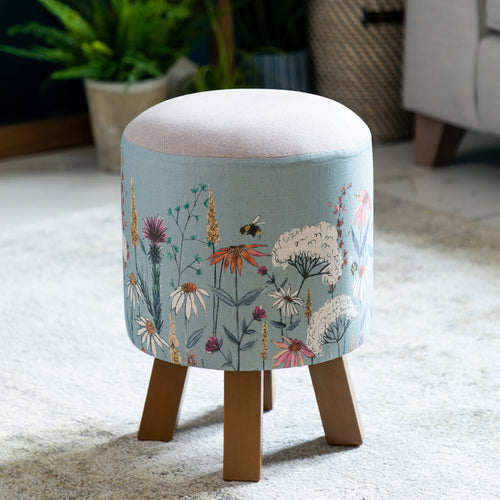 Floral Blue Furniture - Monty Round Footstool Hermione Cornflower Voyage Maison