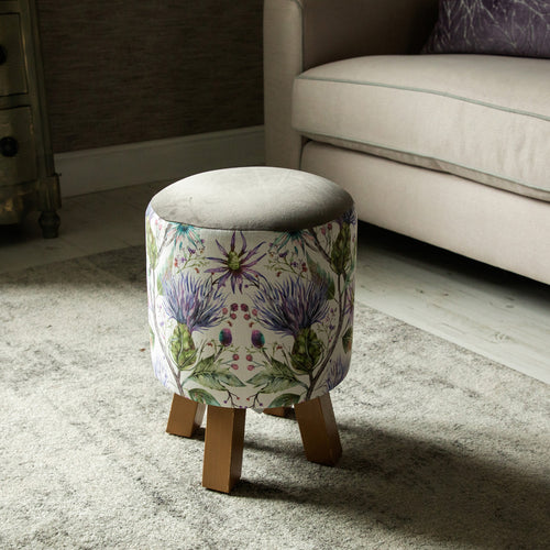 Floral Purple Furniture - Monty Round Footstool Varys Violet Linen Voyage Maison