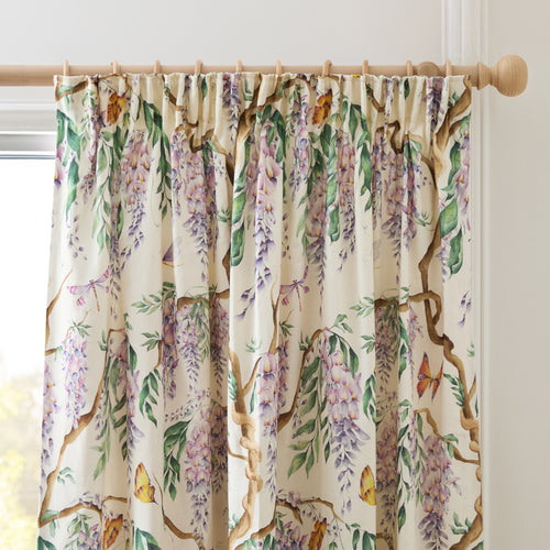 Floral Purple Curtains - Mariposa Printed Pencil Pleat Curtains Cream Voyage Maison