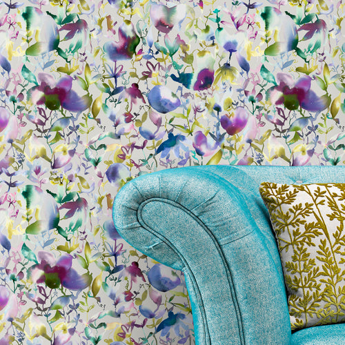Floral Purple Wallpaper - Nelia  1.4m Wide Width Wallpaper (By The Metre) Indigo Voyage Maison