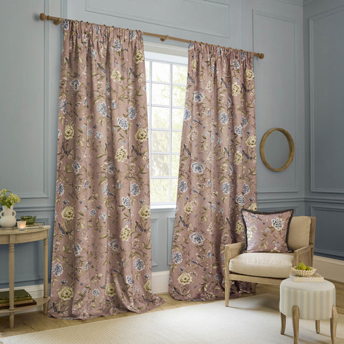 Animal Pink Curtains - Porcelain Garden Printed Chenille Room Darkening Pencil Pleat Curtains Blush Sanderson