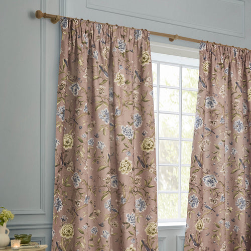 Animal Pink Curtains - Porcelain Garden Printed Chenille Room Darkening Pencil Pleat Curtains Blush Sanderson