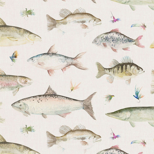 Animal Brown Fabric - River Fish Printed Linen Fabric (By The Metre) Natural Voyage Maison