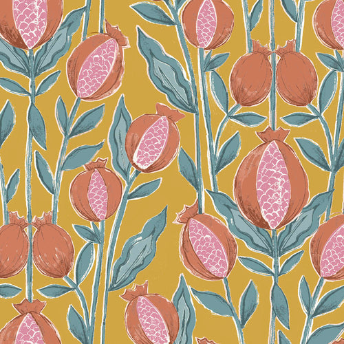 Floral Gold Fabric - Rithani Printed Cotton Fabric (By The Metre) Gold Voyage Maison