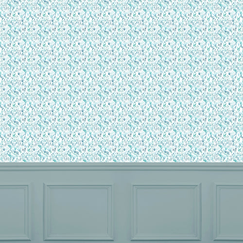 Floral Blue Wallpaper - Saana  1.4m Wide Width Wallpaper (By The Metre) Teal Voyage Maison