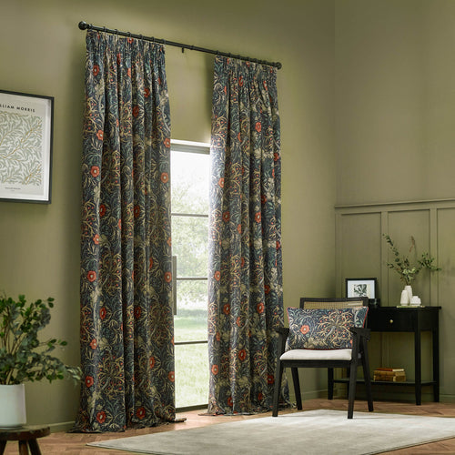 Floral Blue Curtains - Seaweed Printed Velvet Room Darkening Pencil Pleat Curtains Indigo Morris & Co