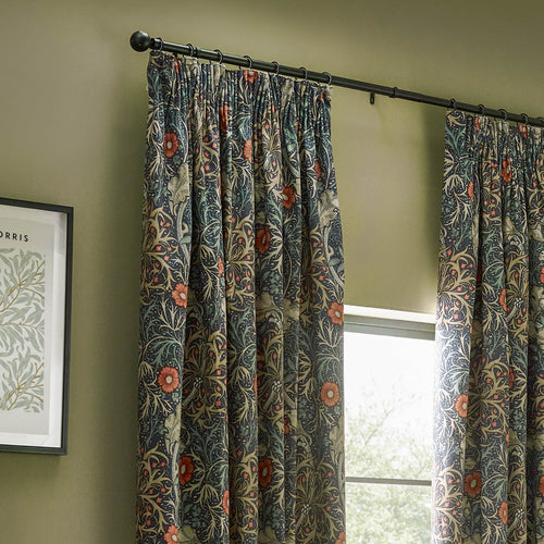 Floral Blue Curtains - Seaweed Printed Velvet Room Darkening Pencil Pleat Curtains Indigo Morris & Co