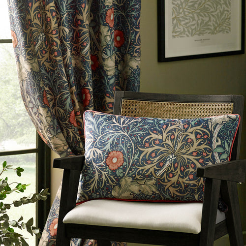 Floral Blue Curtains - Seaweed Printed Velvet Room Darkening Pencil Pleat Curtains Indigo Morris & Co