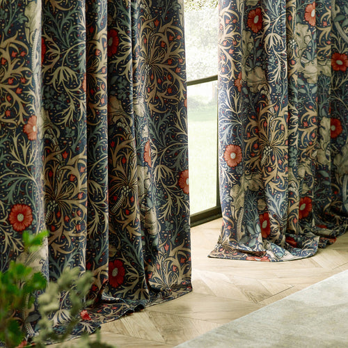 Floral Blue Curtains - Seaweed Printed Velvet Room Darkening Pencil Pleat Curtains Indigo Morris & Co