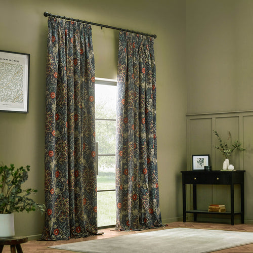 Floral Blue Curtains - Seaweed Printed Velvet Room Darkening Pencil Pleat Curtains Indigo Morris & Co