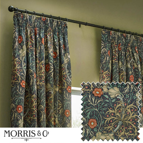 Floral Blue Curtains - Seaweed Printed Velvet Room Darkening Pencil Pleat Curtains Indigo Morris & Co