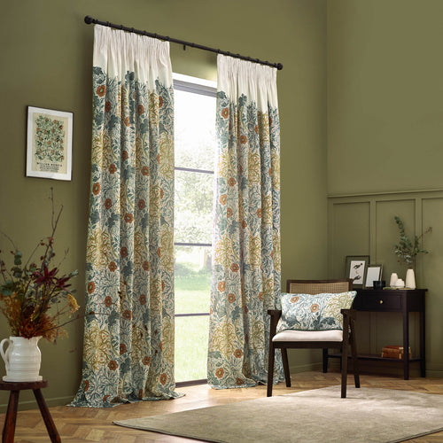 Floral Beige Curtains - Seaweed Printed Velvet Room Darkening Pencil Pleat Curtains Stone/Sunflower Morris & Co