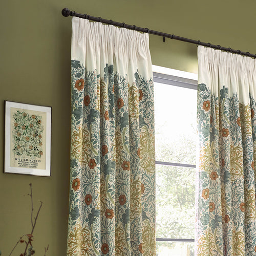 Floral Beige Curtains - Seaweed Printed Velvet Room Darkening Pencil Pleat Curtains Stone/Sunflower Morris & Co