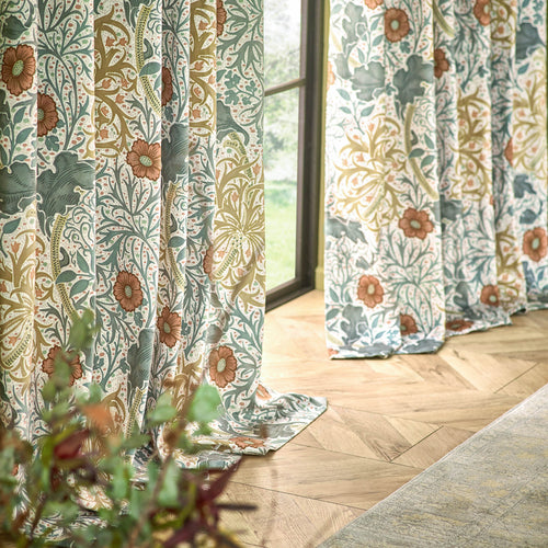 Floral Beige Curtains - Seaweed Printed Velvet Room Darkening Pencil Pleat Curtains Stone/Sunflower Morris & Co