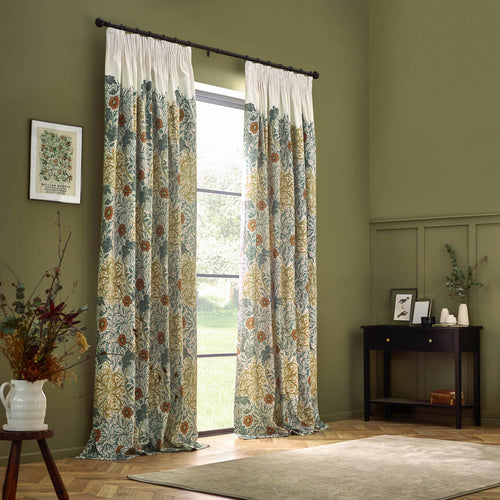 Floral Beige Curtains - Seaweed Printed Velvet Room Darkening Pencil Pleat Curtains Stone/Sunflower Morris & Co