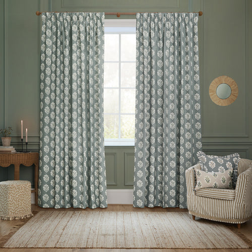 Floral Blue Curtains - Sessile Leaf Printed Room Darkening Pencil Pleat Curtains Delph Blue Sanderson